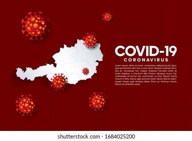 Coronavirus pandemic concept. Horizontal background with Austria map, 3D covid 19 bacterium cells on a red background with text