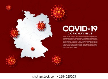 Coronavirus pandemic concept. Horizontal background with Germany map, 3D covid 19 bacterium cells on a red background with text