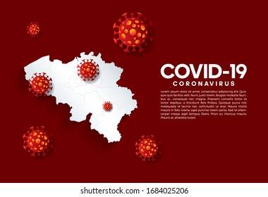 Coronavirus pandemic concept. Horizontal background with Belgium map, 3D covid 19 bacterium cells on a red background with text
