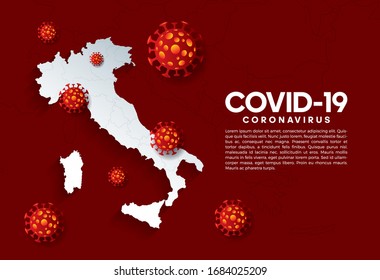 Coronavirus pandemic concept. Horizontal background with Italy map, 3D covid 19 bacterium cells on a red background with text