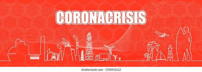 Coronavirus pandemic concept. Industrial and tropical recreation relative silhouettes. Woman posing with surfboard,cruise ship, palm and lifeguard tower.