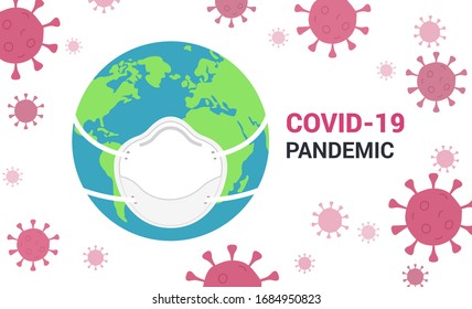 Coronavirus pandemic concept. Vector illustration of the Earth in medical mask surrounded by covid-19 bacteria. Isolated on white.