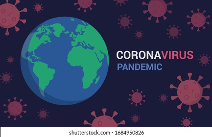 Coronavirus pandemic concept. Vector illustration of the Earth surrounded by covid-19 bacteria. Isolated on dark blue background 