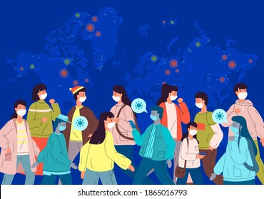 Coronavirus pandemic concept. World map and crowds of people wearing masks on all continents. Covid-19 outbreak vector illustration. Society during epidemic. Marks of the foci of disease on the map