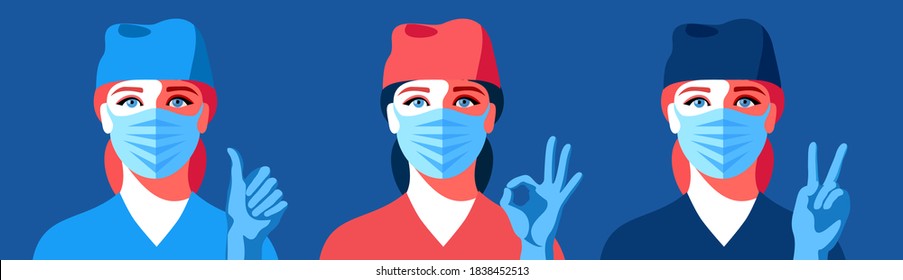 Coronavirus pandemic concept. Young woman as doctor or nurse. Set of female characters in medical uniform, face mask and gloves, showing ok and victory sign. Vector illustration