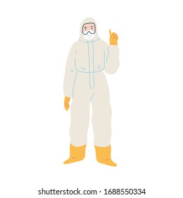 Coronavirus pandemic COVID-19. Doctor or worker in medical protective suit  pointing with hand and finger. Men in chemical protection suit. Protect from viruses. Flat cartoon vector of quarantine.