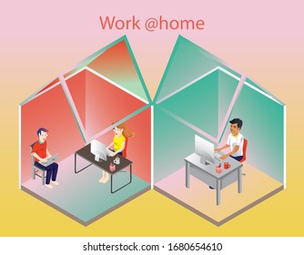 Coronavirus Pandemic CoVID-19 and home work concept. Remote work during quarantine. Vector illustration people, man and woman, working on computers and laptops at home. Vector flat style for design.