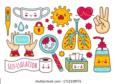 Coronavirus pandemic, covid-19. Medical mask, sanitizer, lungs, thermometer, napkins, magnifier, toilet paper. Cartoon vector illustrations for children and kids. 