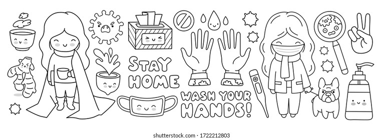 Coronavirus pandemic, covid-19. Outline elements and characters. Stay home, wash hands. Cartoon vector illustration.