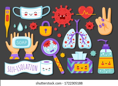 Coronavirus Pandemic, Covid-19 Prevention. Medical Mask, Sanitizer, Lungs, Thermometer, Napkins, Magnifier, Toilet Paper. Set Of Cartoon Stickers. Flat Vector Illustrations For Children And Kids. 