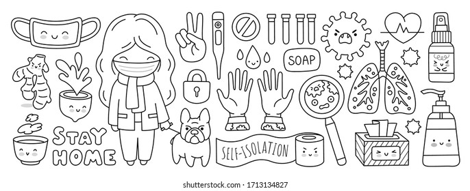 Coronavirus pandemic, covid-19. Quarantine and self-isolation. Outline elements and characters for coloring book. Medical mask, sanitizer, lungs, thermometer. Cartoon vector illustration for children.