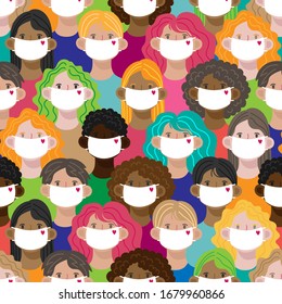 Coronavirus pandemic. Covid-19. seamless pattern with people of different nationalities in white medical face masks