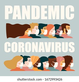 Coronavirus pandemic. Covid-19. Vector illustration of people in white medical face mask. Concept for epidemic, quarantine and other use.