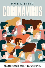 Coronavirus pandemic. Covid-19. Vector illustration of people in white medical face mask. Concept for epidemic, quarantine and other use.