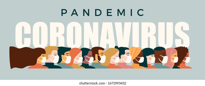  Pandemia de coronavirus.Covid-19. Ilustración vectorial de personas con mascarilla médica blanca. Concepto de uso epidémico, de cuarentena y de otro tipo.