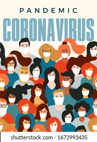  Pandemia de coronavirus.Covid-19. Ilustración vectorial de personas con mascarilla médica blanca. Concepto de uso epidémico, de cuarentena y de otro tipo.