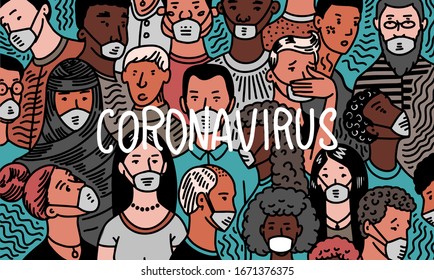 Coronavirus pandemic or COVID-19. Wuhan disease. Crowd of people in antiviral medical masks. Humans infect bacteria. Epidemic. Risk of illness spreading. Quarantine. Severe acute respiratory syndrome