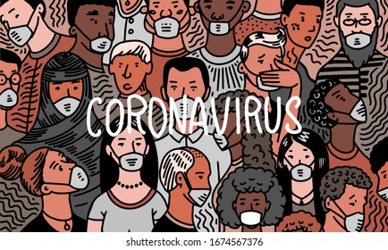 Coronavirus pandemic or COVID-19. Wuhan disease. Crowd of people in antiviral medical masks. Humans infect bacteria. Epidemic. Risk of illness spreading. Quarantine. Severe acute respiratory syndrome