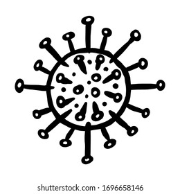 Coronavirus pandemic or COVID-19. Wuhan disease. Quarantine. Respiratory illness. Infection or virus. Hand drawn doodle sketch. Spikes of virion. Electron microscopically view. Infectious bacteria.