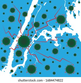 Das Konzept der koronavirus-Pandemie auf New-York-Kartenhintergrund, Vektorillustration-Illustration. Virusausbreitung in New York, Vereinigte Staaten von Amerika.