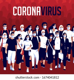 Coronavirus pandemic. Crowd of people in white medical face mask. Vector illustration of coronavirus quarantine. Design concept for banner, poster, background template. 