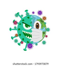 Coronavirus pandemic. Earth in medical mask surrounded by corona virus. Half of earth, Half of virus. Concept of virus prevention. Covid attack of the planet isolated on white background.
