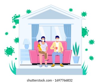 Coronavirus pandemic. Family characters sitting on sofa in medical masks vector flat illustration. Stay home, self isolation or quarantine to prevent coronavirus COVID-19 infectious disease spread.