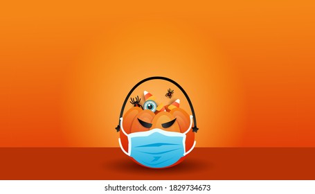 Coronavirus Pandemic Halloween Pumpkin jack o lantern with candy and bats on orange background with copy space