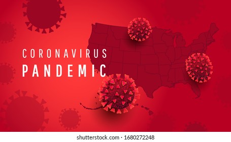 Coronavirus pandemic horizontal background with USA map with covid 19 infected cells on red background. Vector illustration