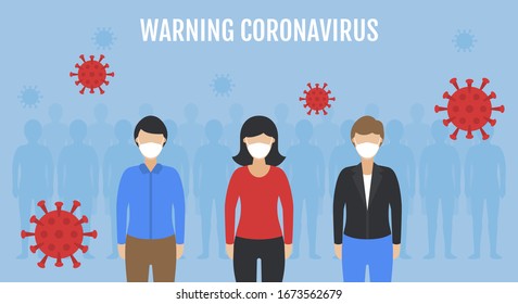 coronavirus pandemic illutrations with a groups of chracters male and female wearing mask and silhouette background of virus and people vectors illustration in flat desing