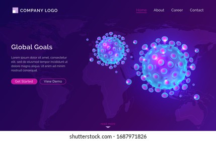 Landeseite für eine Koronavirus-Pandemie mit isometrischen Daten. Covid 19 Zellen auf der Weltkarte neon leuchtend ultraviolettem Hintergrund. Weltweite Zielerreichung, Ausbreitung der Corona-Virus-Epidemie, 3D-Vektorillustration-Webbanner