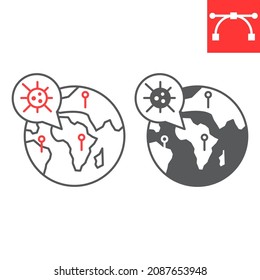 Icono de linea y glifo de coronavirus, de cuarentena y tierra, icono de vector pandémico global, gráficos vectoriales, signo de contorno de trazo editable, eps 10.