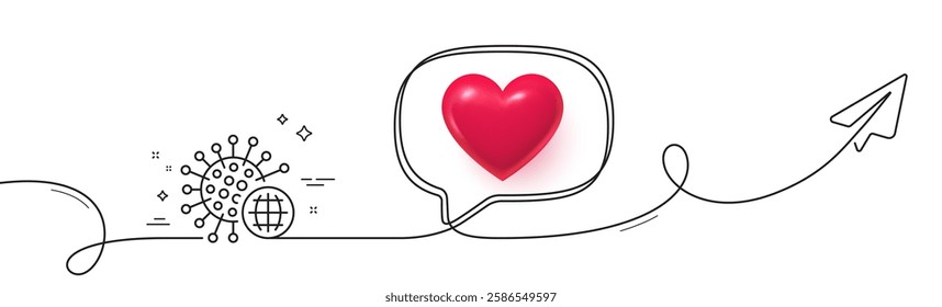 Coronavirus pandemic line icon. Continuous line with share plane. Covid-19 global virus sign. Corona virus symbol. 3d heart in speech bubble. Coronavirus single line ribbon. Loop curve pattern. Vector