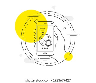 Coronavirus pandemic line icon. Mobile phone vector button. Covid-19 global virus sign. Corona virus symbol. Coronavirus line icon. Abstract concept badge. Vector