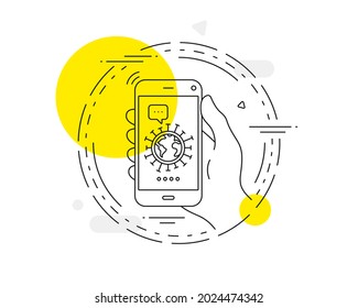 Coronavirus pandemic line icon. Mobile phone vector button. Covid-19 global virus sign. Corona virus symbol. Coronavirus line icon. Abstract concept badge. Vector