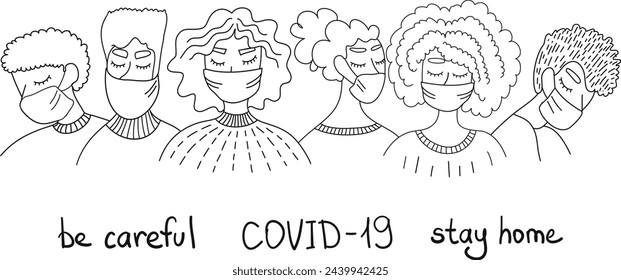 Pandemia De Coronavirus. Grupo Multicultural De Personas En Mascarilla Médica Blanca. Concepto De Cuarentena De Coronavirus. COVID-19