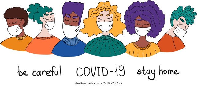 Pandemia De Coronavirus. Grupo Multicultural De Personas En Mascarilla Médica Blanca. Concepto De Cuarentena De Coronavirus. COVID-19