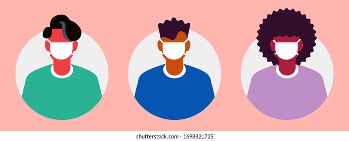 Coronavirus pandemic. New coronavirus (2019-November), set of young people, teenagers in a white medical face mask. Concept of coronavirus quarantine vector illustration.