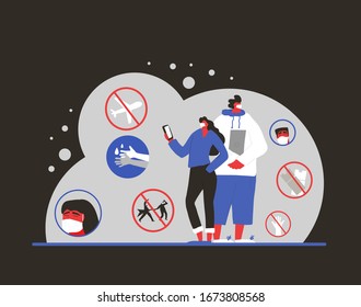 Coronavirus pandemic notice. Young man and woman in white medical face mask standing surrounded prevention symbols. Friends protecting from virus infection. Quarantine. Vector flat illustration.
