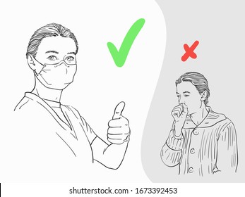 Coronavirus Pandemic Prevent Illustration, Woman Wearing Medical Mask Showing Thumb Up Gesture And Coughing Woman Covering Mouth With Fist, Correct And Wrong Protection. Hand Drawn Vector Sketch