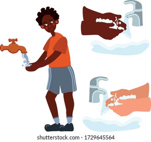 Coronavirus pandemic prevention, wash hands with soap warm water and rubbing nails and fingers washing frequently or using hand sanitizer gel, African American boy washing hands vector illustration