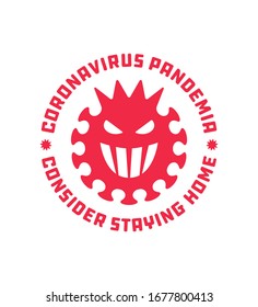 Coronavirus Pandemic Protection Badge. Stay Home Design Concept. Corona Virus Cell Angry Face Icon. Covid Caution Sign. Stop coronavirus. Coronavirus outbreak. 