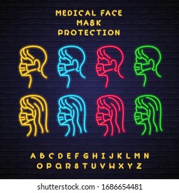 Coronavirus Pandemic Protection Face Mask Icon Male and Female Neon light Glowing Vector Illustration with Alphabet