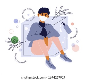 Coronavirus pandemic quarantine. Abstract collage with fashionable guy in protective face mask. Man sits in box or cage. Stay home concept, social distance, use sanitizer. Magazine vector illustration