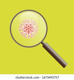 Coronavirus pandemic SARS-Cov-2 icon under magnifier. Image magnifying glass over Coronavirus disease 2019 (COVID-19) Vector illustration sign
