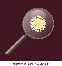 Coronavirus pandemic SARS-Cov-2 icon under magnifier. Image magnifying glass over Coronavirus disease 2019 (COVID-19) Vector illustration sign
