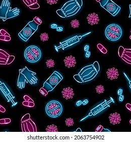 Coronavirus pandemic seamless pattern with neon medical face mask, covid-19 virus, syringe, vaccine icons on black background. Medicine, health care, viral infection protection concept. Vector 10 EPS 