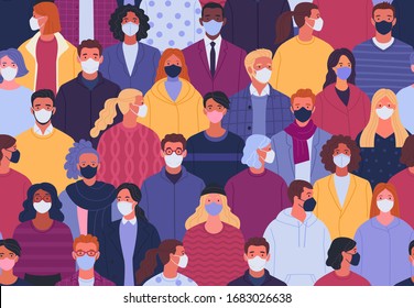 Coronavirus pandemic seamless pattern. Vector illustration of multiethnic crowd of people in medical masks in trendy flat style. 