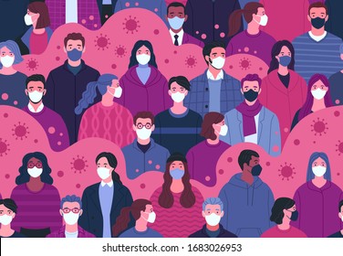 Coronavirus pandemic seamless pattern. Vector illustration of multiethnic crowd of people in medical masks , surrounded by virus bacteria, in trendy flat style. 