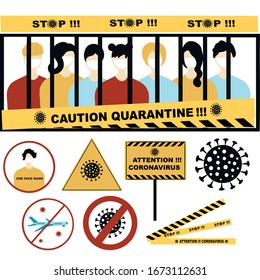 Coronavirus Pandemic sign set. Stop, quarantine, attention Covid-19 , 2019-nCoV Novel Coronavirus , Cancellation of flights , face mask sign
